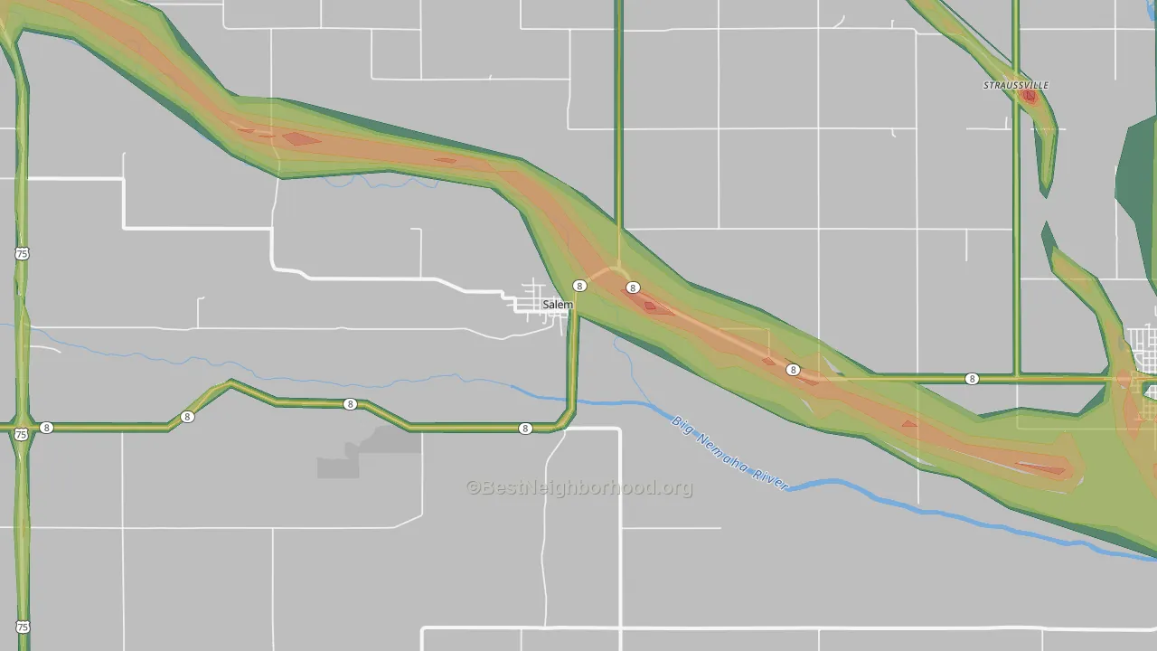 Salem, NE Map of Noise Levels in Salem