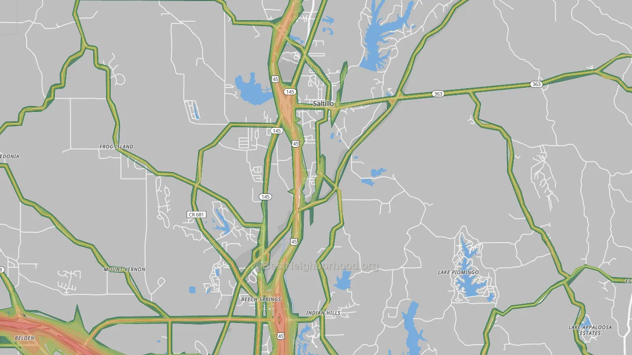 Saltillo, MS Map of Noise Levels in Saltillo