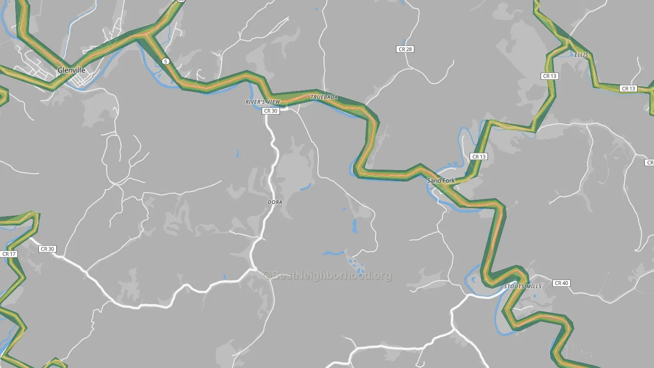 Sand Fork, WV Map of Noise Levels in Sand Fork