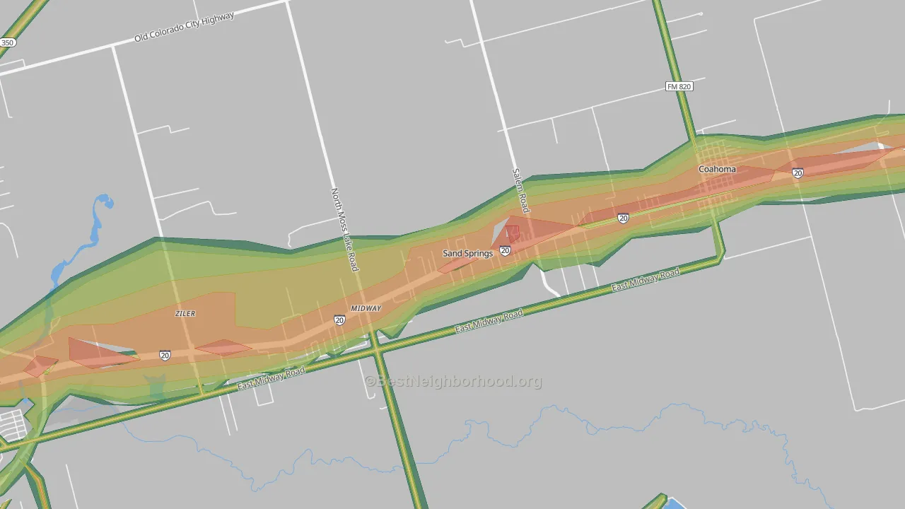 Sand Springs, TX Map of Noise Levels in Sand Springs