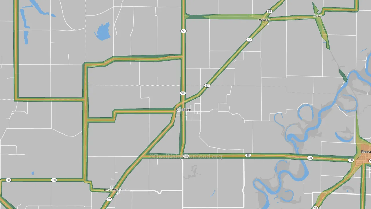 Sandborn, IN Map of Noise Levels in Sandborn