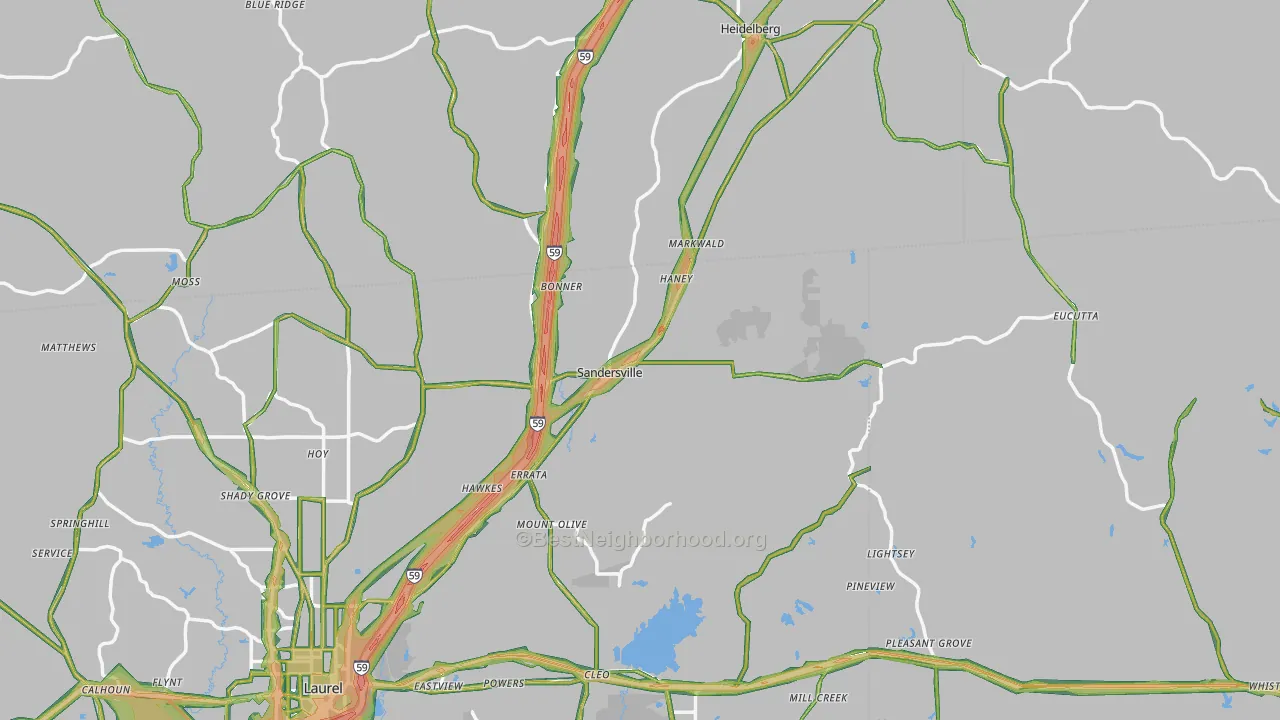 Sandersville, MS Map of Noise Levels in Sandersville