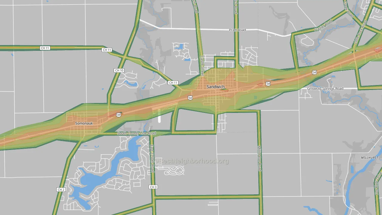Sandwich, IL Map of Noise Levels in Sandwich