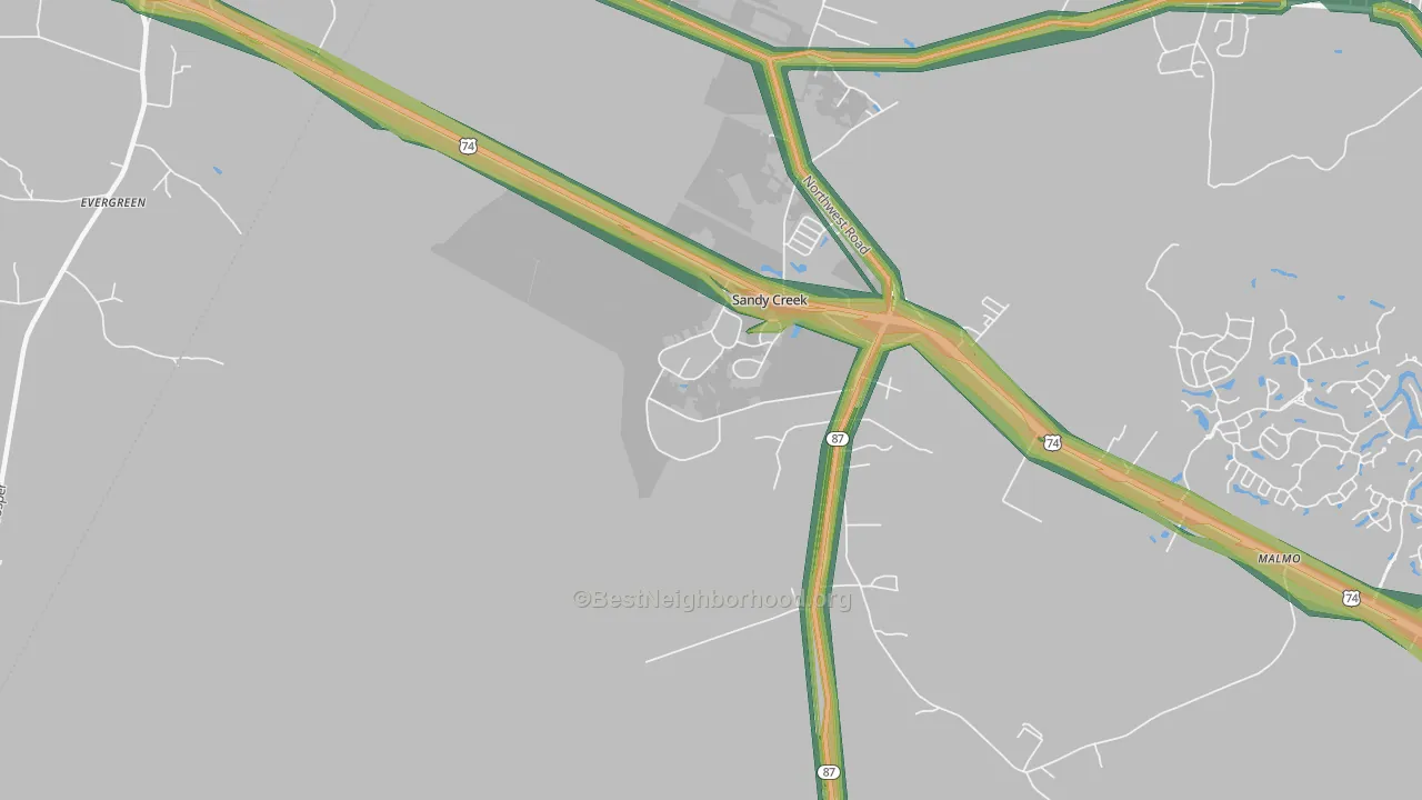 Sandy Creek, NC Map of Noise Levels in Sandy Creek