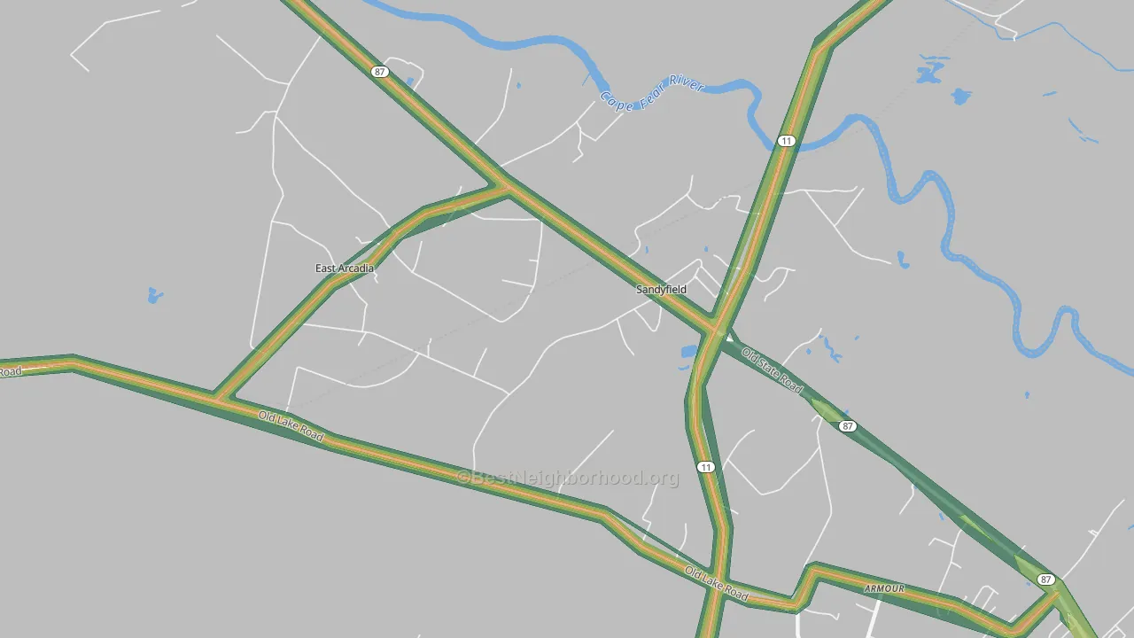Sandyfield, NC Map of Noise Levels in Sandyfield