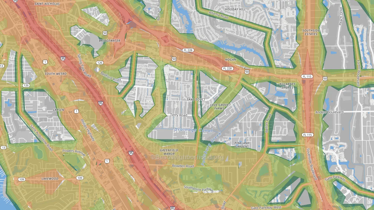 Sans Souci, Jacksonville, FL Map of Noise Levels in Sans Souci