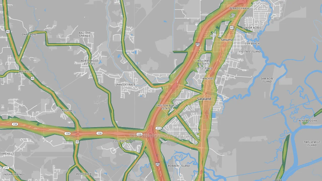 Saraland, AL Map of Noise Levels in Saraland