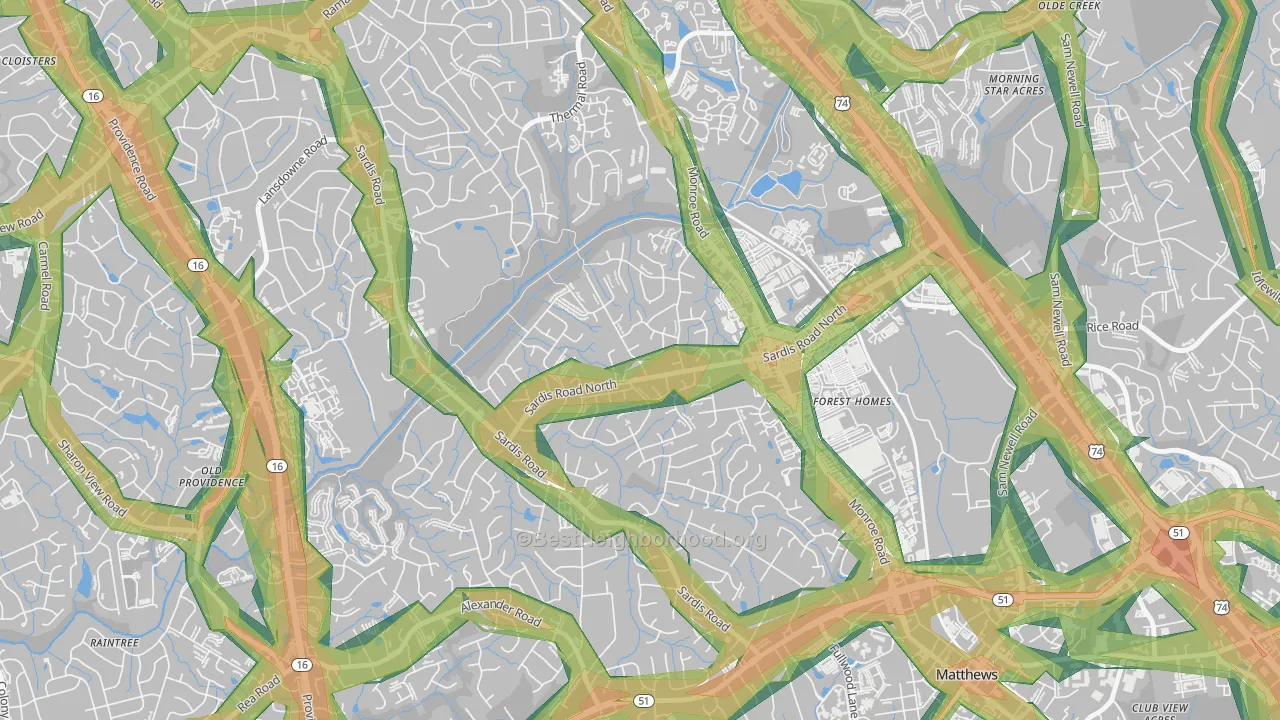 Sardis Woods, Charlotte, NC Map of Noise Levels in Sardis Woods