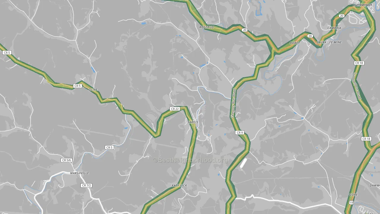 Sardis, WV Map of Noise Levels in Sardis