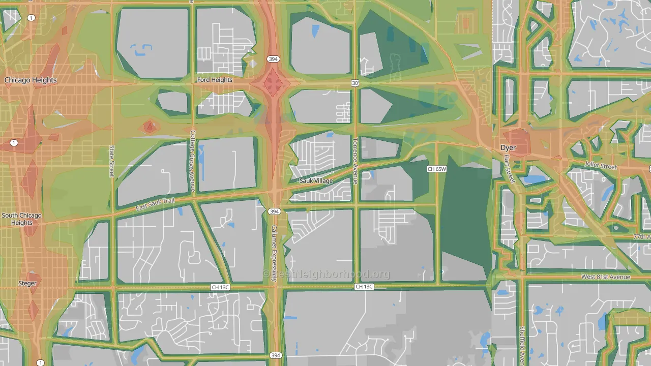 Sauk Village, IL Map of Noise Levels in Sauk Village