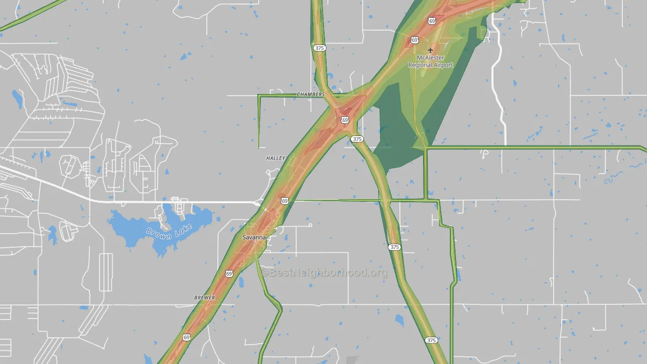 Savanna, OK Map of Noise Levels in Savanna