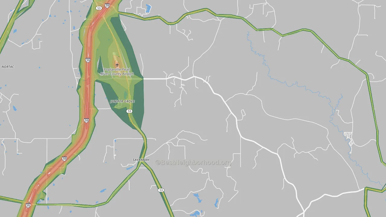 Savannah, MS Map of Noise Levels in Savannah