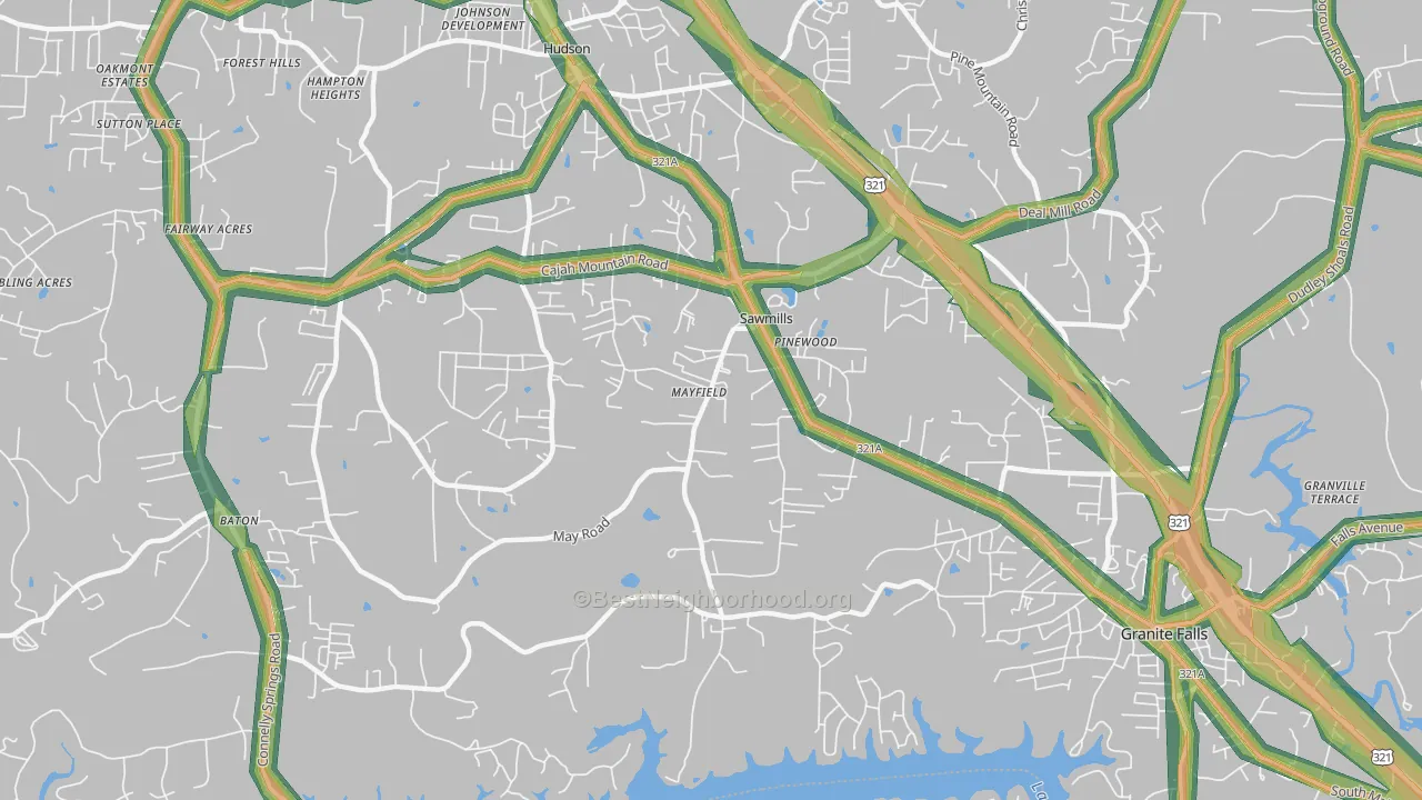 Sawmills, NC Map of Noise Levels in Sawmills