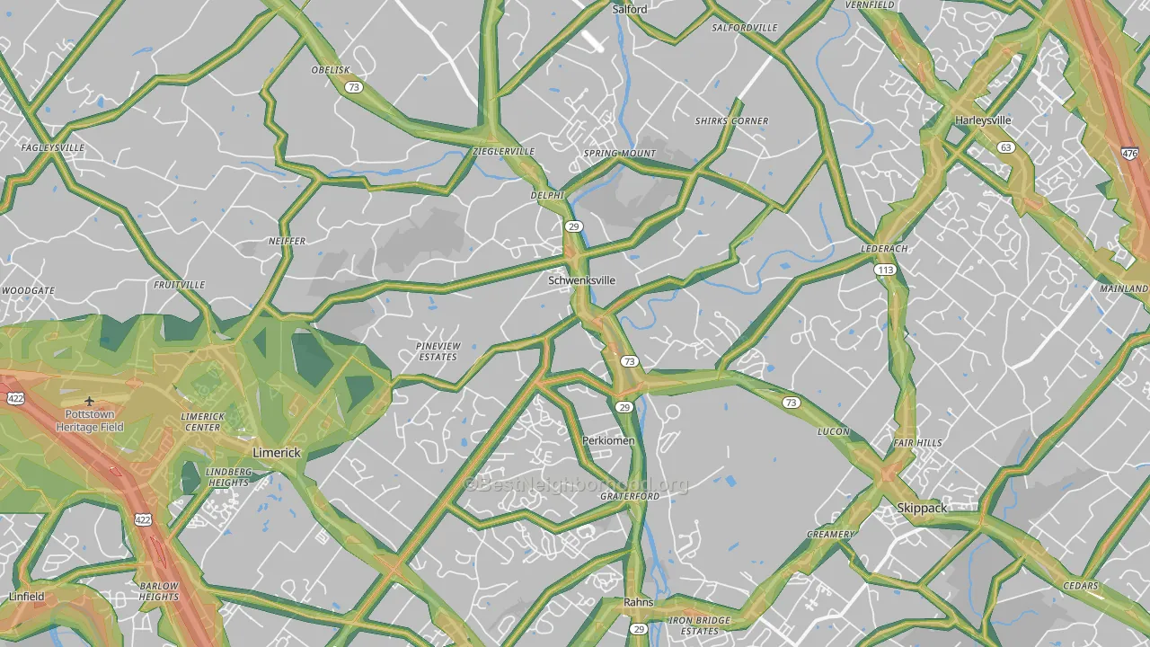 Schwenksville, PA Map of Noise Levels in Schwenksville