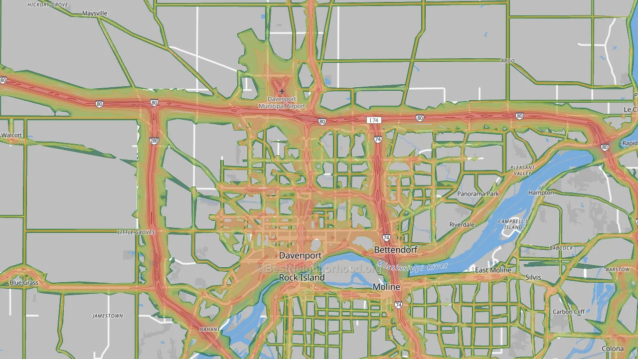 Scott County, IA Map of Noise Levels in Scott County