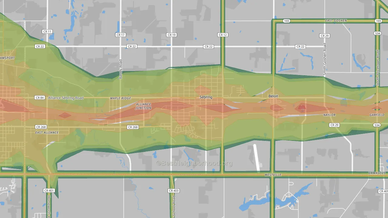 Sebring, OH Map of Noise Levels in Sebring