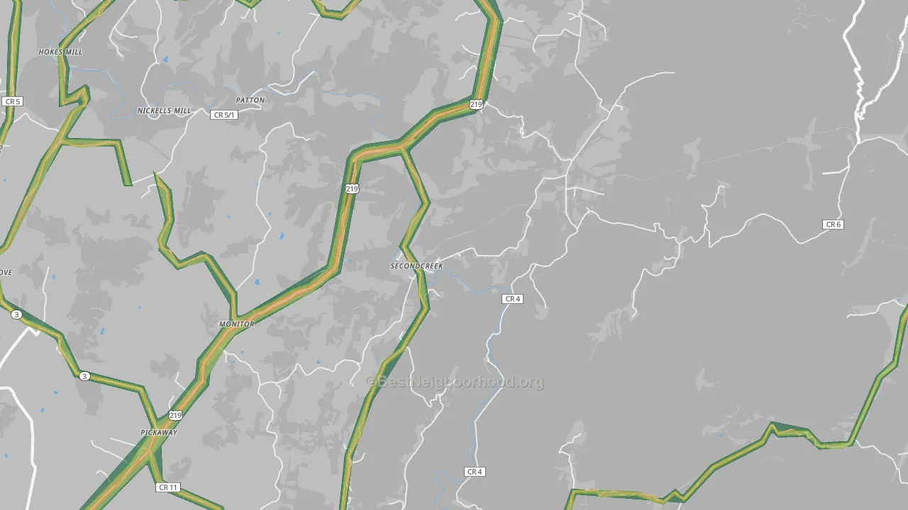 Secondcreek, WV Map of Noise Levels in Secondcreek