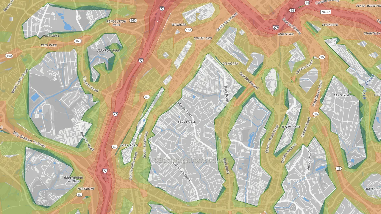 Sedgefield, Charlotte, NC Map of Noise Levels in Sedgefield