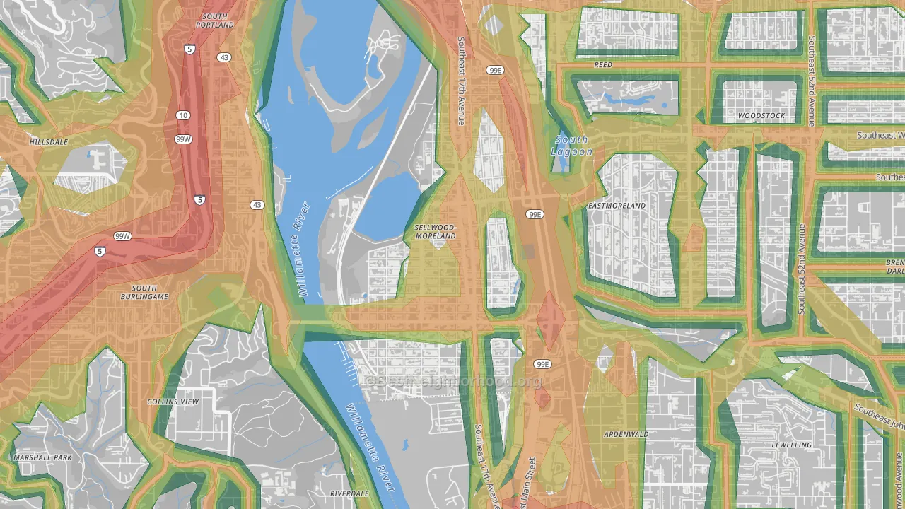 Sellwood-Moreland, Portland, OR Map of Noise Levels in Sellwood-Moreland