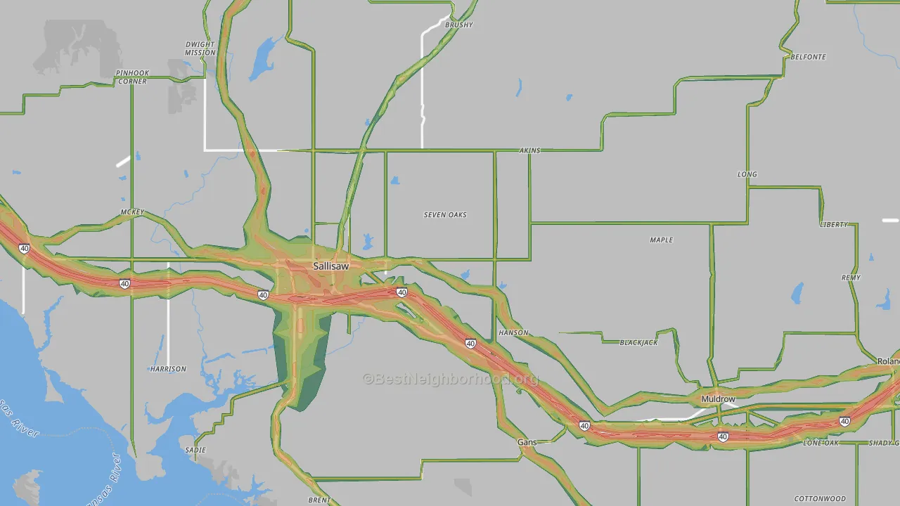Sequoyah County, OK Map of Noise Levels in Sequoyah County