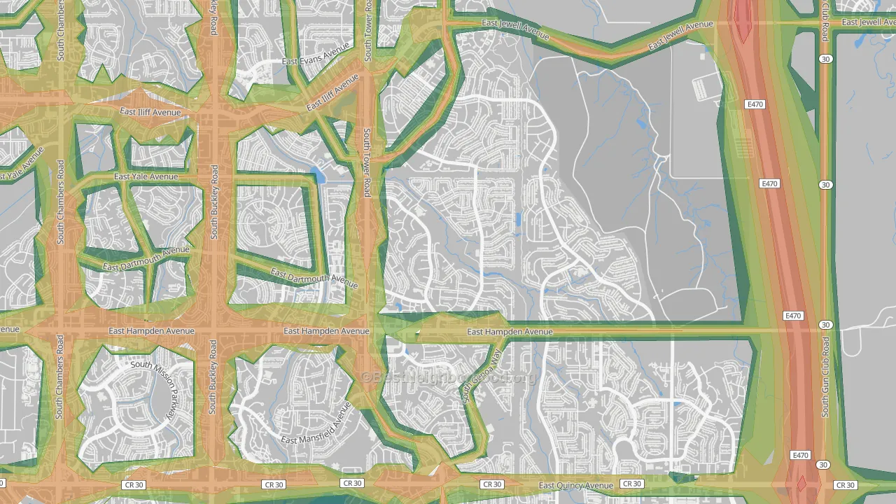 Seven Hills, Aurora, CO Map of Noise Levels in Seven Hills