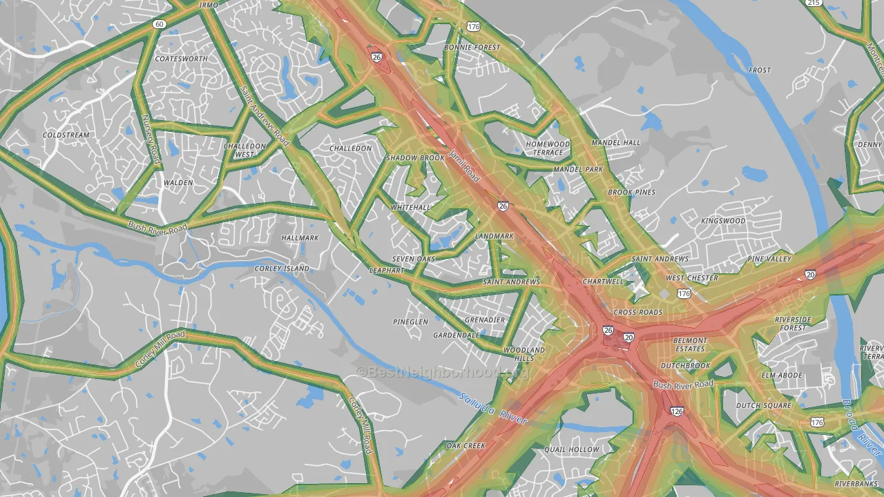 Seven Oaks, SC Map of Noise Levels in Seven Oaks