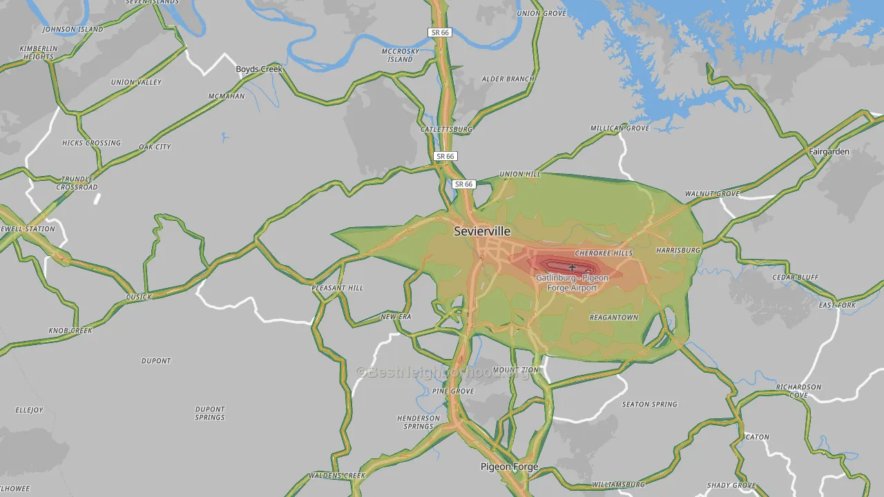 Sevier County, TN Map of Noise Levels in Sevier County