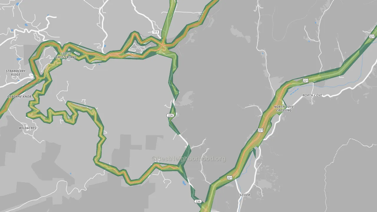 Sevier, NC Map of Noise Levels in Sevier