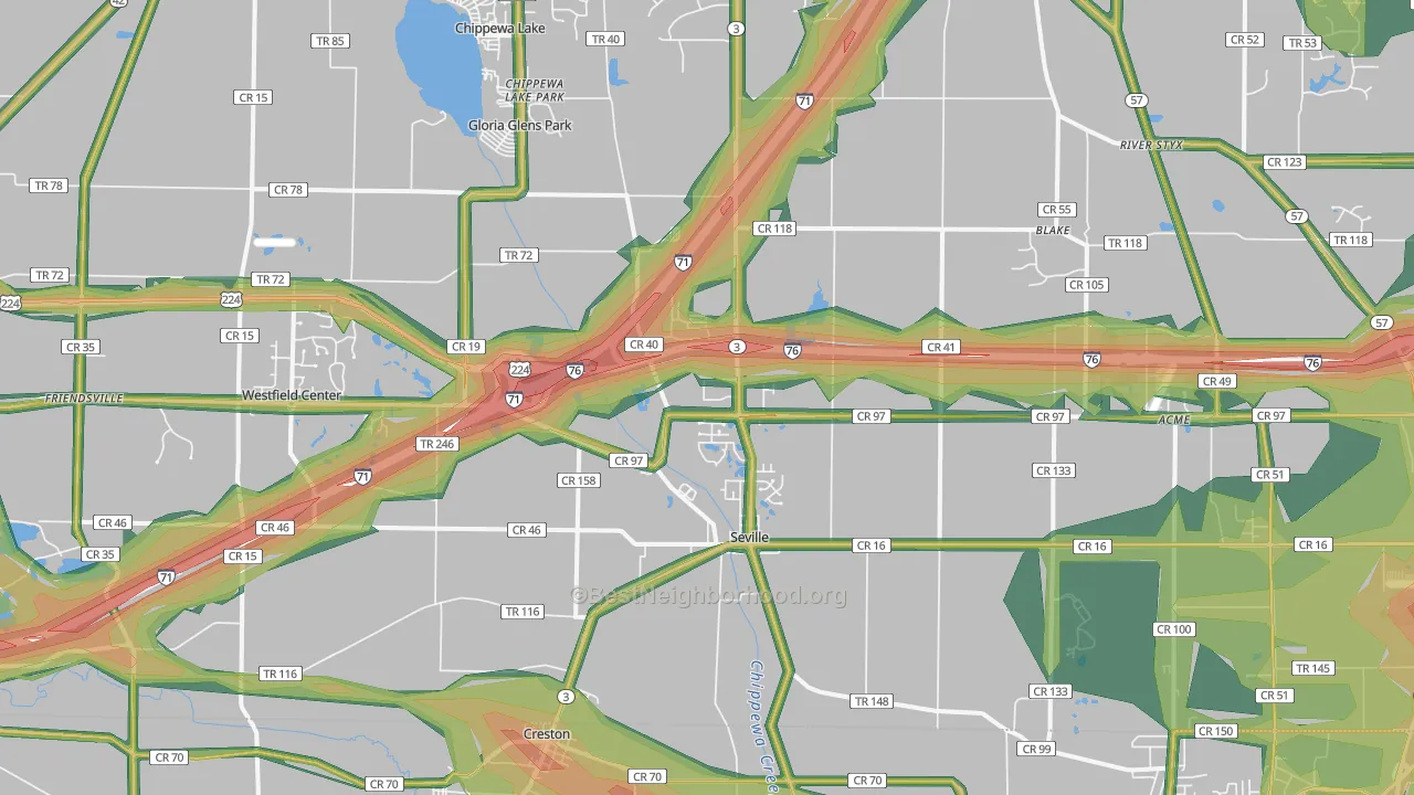 Seville, OH Map of Noise Levels in Seville