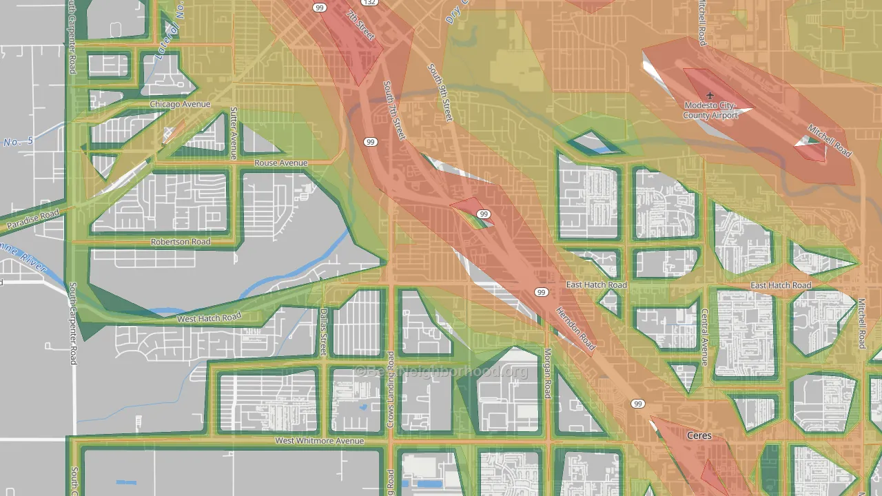 Shackelford, Modesto, CA Map of Noise Levels in Shackelford