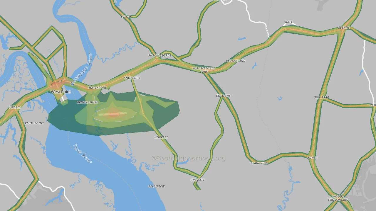 Shacklefords, VA Map of Noise Levels in Shacklefords