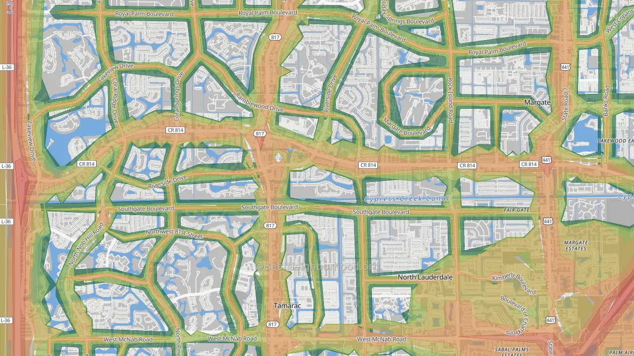 Shadow Wood, Coral Springs, FL Map of Noise Levels in Shadow Wood