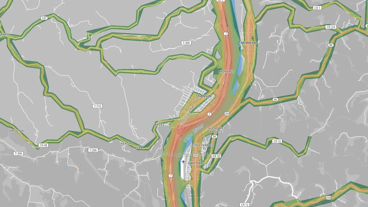 Shadyside, OH Map of Noise Levels in Shadyside