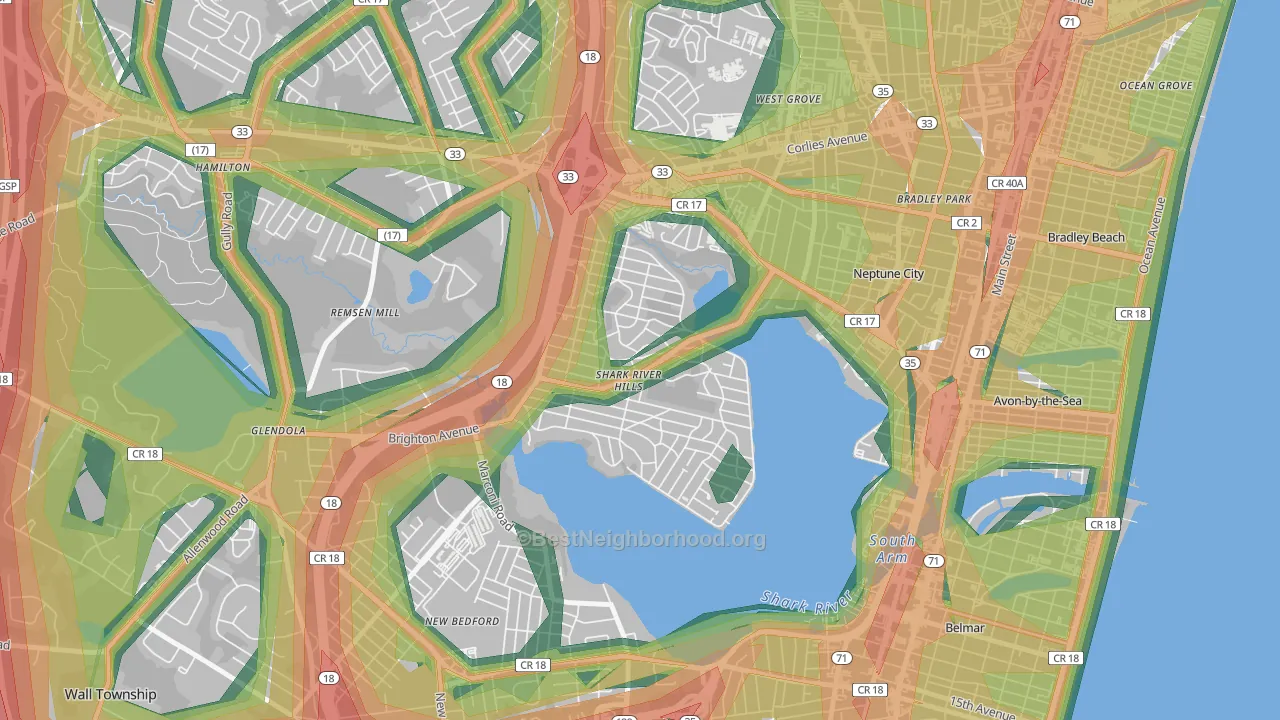 Shark River Hills, NJ Map of Noise Levels in Shark River Hills