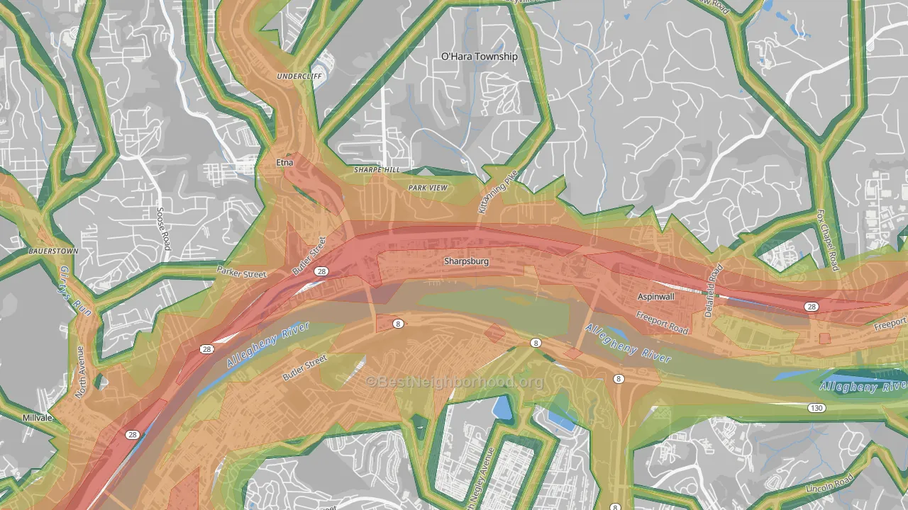 Sharpsburg, PA Map of Noise Levels in Sharpsburg
