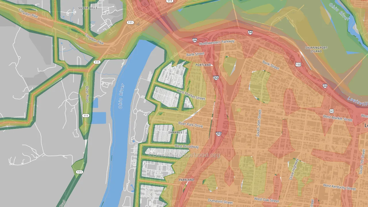 Shawnee, Louisville, KY Map of Noise Levels in Shawnee