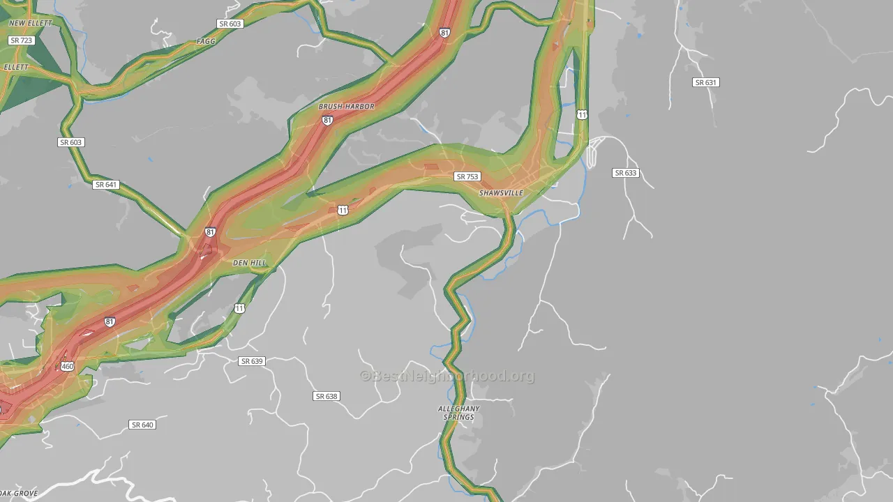 Shawsville, VA Map of Noise Levels in Shawsville