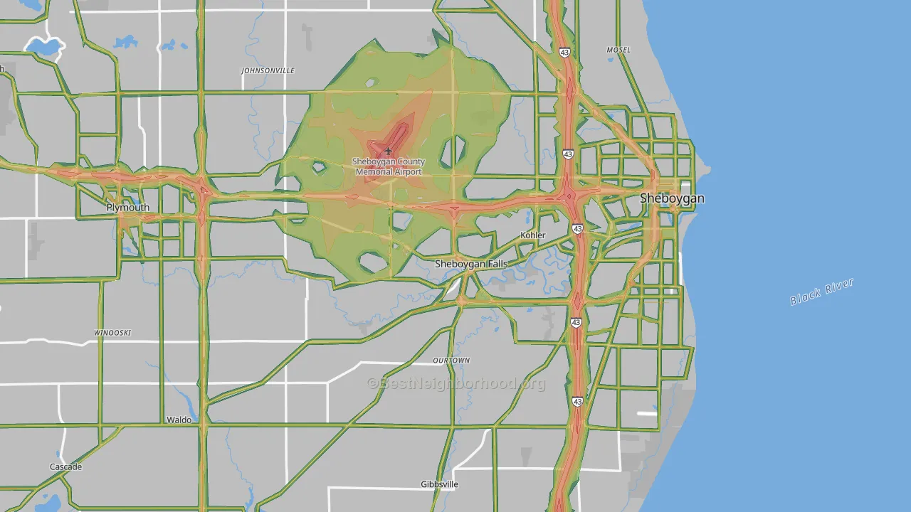 Sheboygan County, WI Map of Noise Levels in Sheboygan County