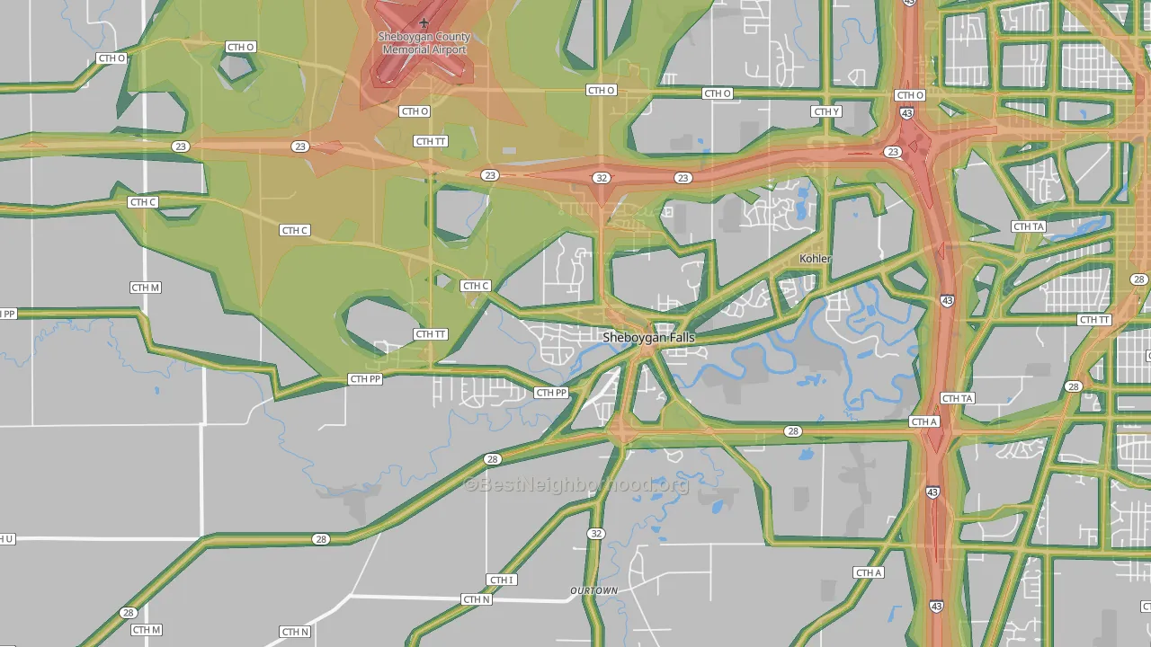 Sheboygan Falls, WI Map of Noise Levels in Sheboygan Falls