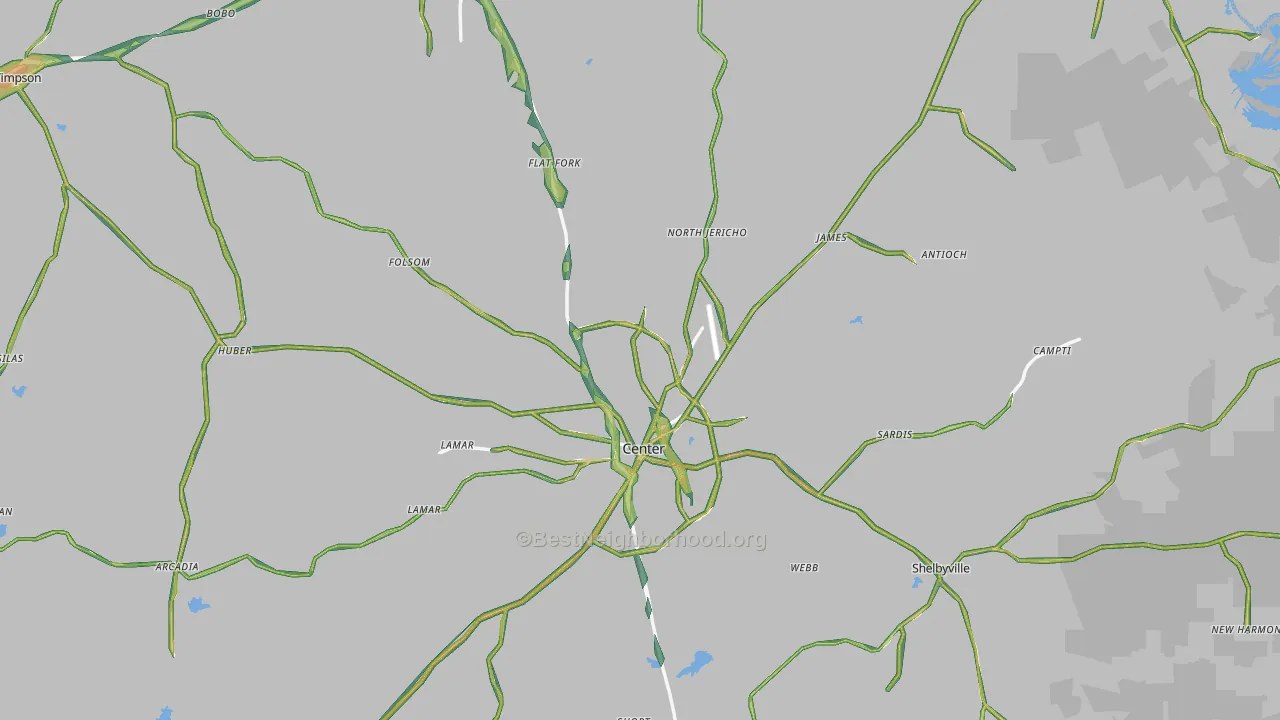 Shelby County, TX Map of Noise Levels in Shelby County