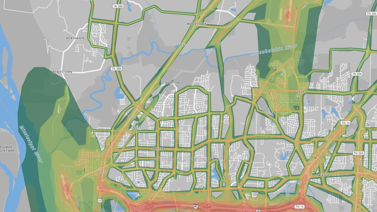 Shelby Forest-Frayser, Memphis, TN Map of Noise Levels in Shelby Forest-Frayser