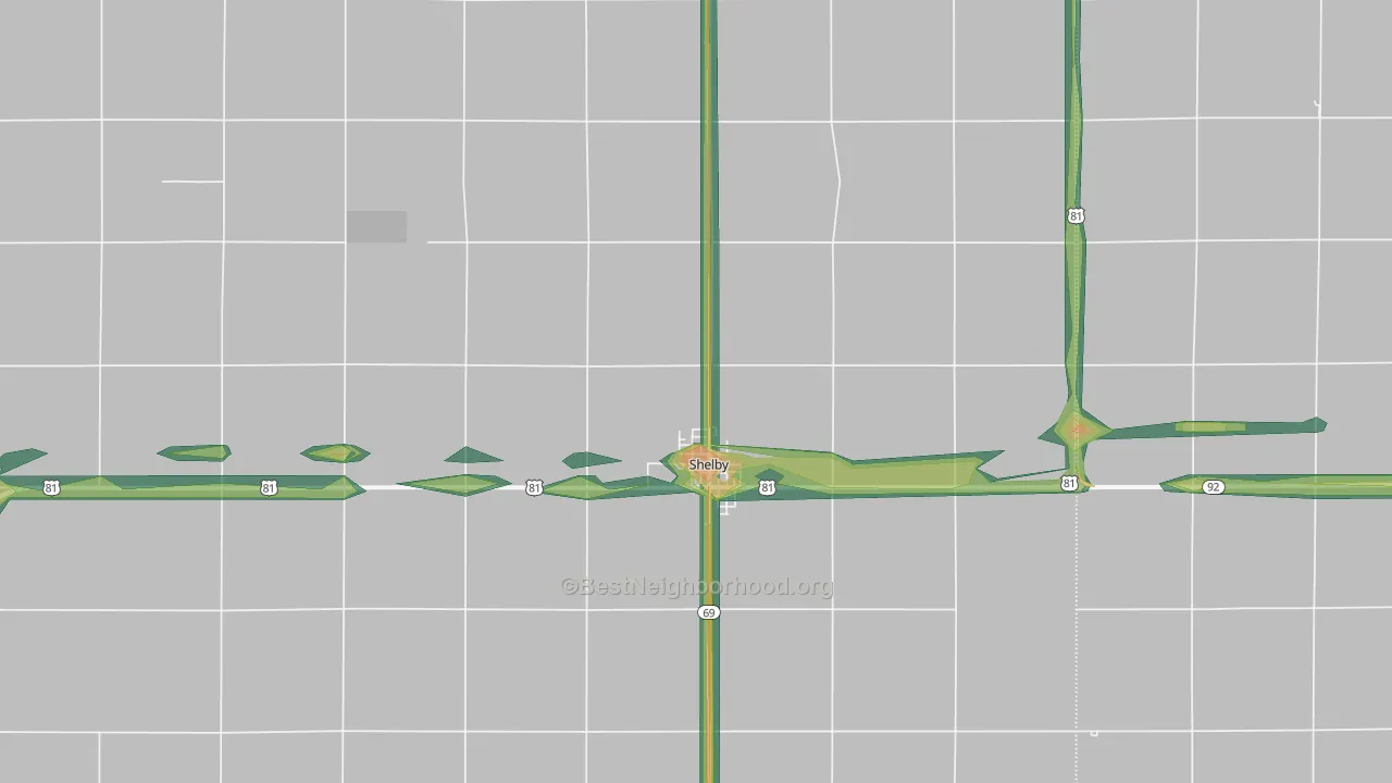 Shelby, NE Map of Noise Levels in Shelby