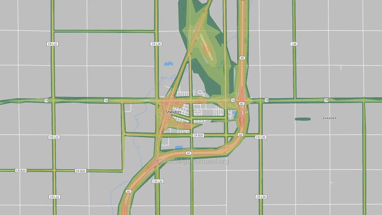 Sheldon, IA Map of Noise Levels in Sheldon