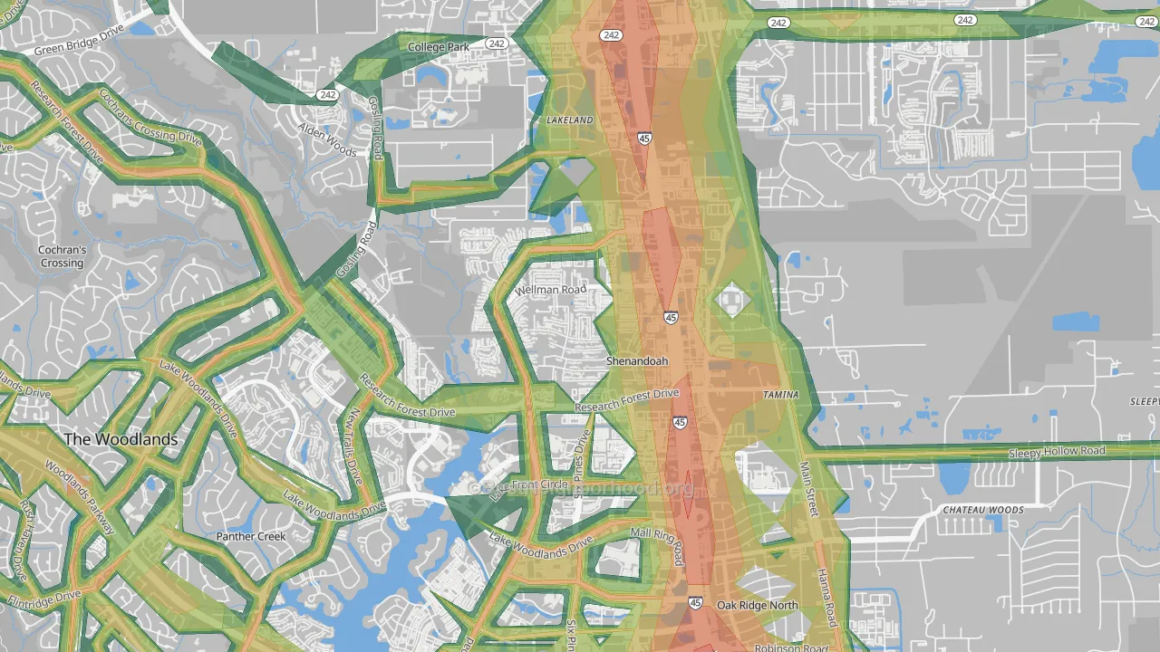 Shenandoah, TX Map of Noise Levels in Shenandoah