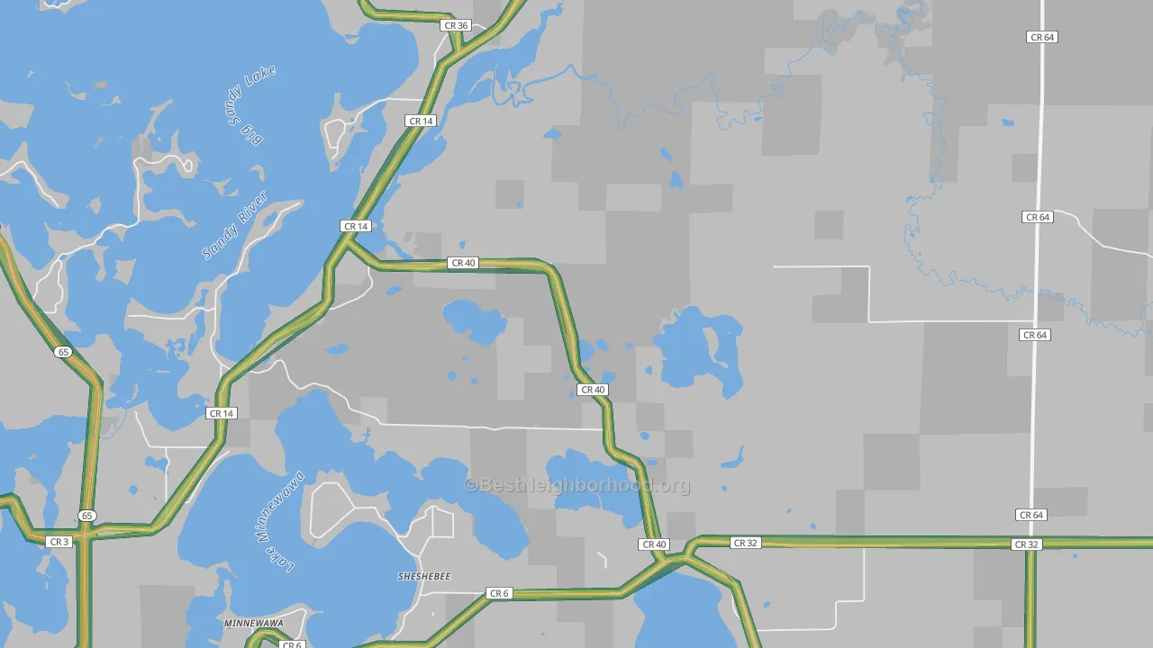 Sheshebee, MN Map of Noise Levels in Sheshebee