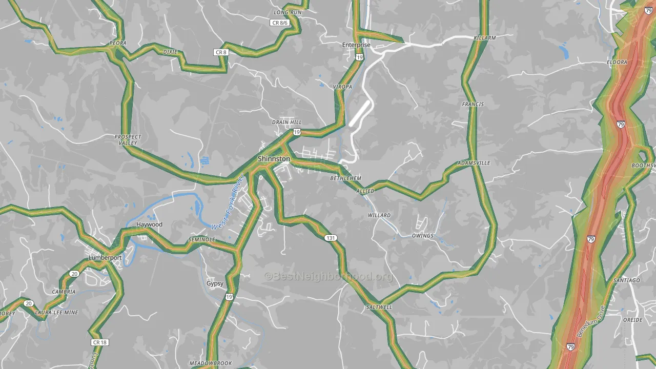 Shinnston, WV Map of Noise Levels in Shinnston