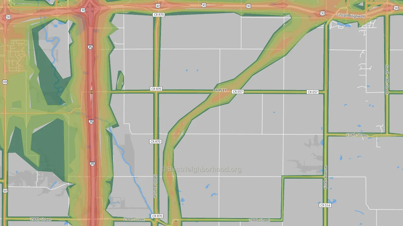 Shipley, IA Map of Noise Levels in Shipley