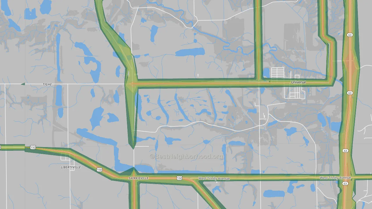 Shirkieville, IN Map of Noise Levels in Shirkieville
