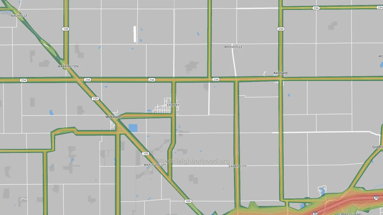 Shirley, IN Map of Noise Levels in Shirley