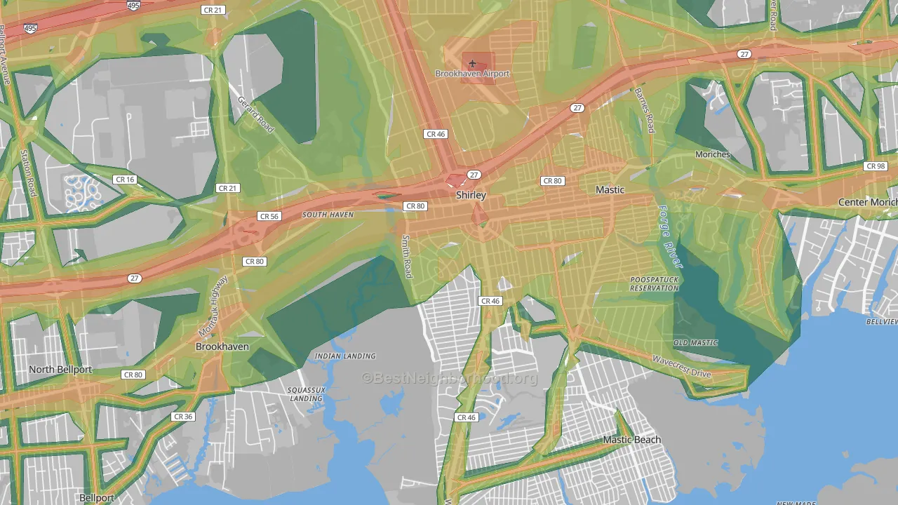 Shirley, NY Map of Noise Levels in Shirley